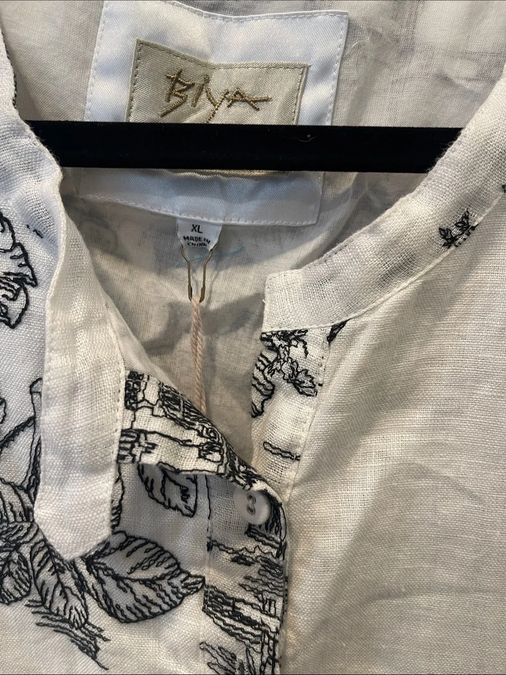 Johnny Was White & Black Toile Print Linen Tunic - Women Tops sz XL